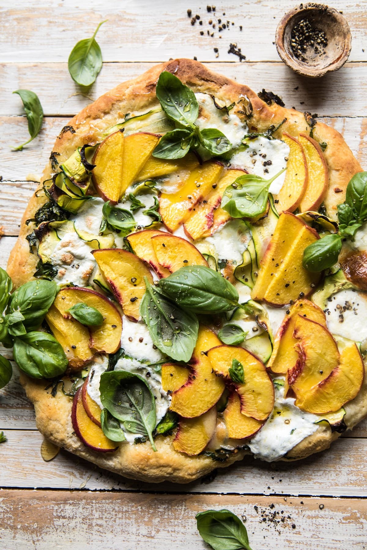 Pesto Zucchini and Peach Pizza with Burrata